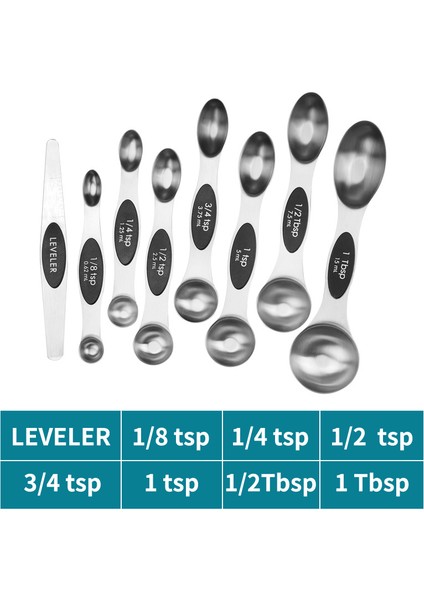 8 Parça Manyetik Çift Başlı Ölçü Kaşığı Seti - Siyah (Yurt Dışından)