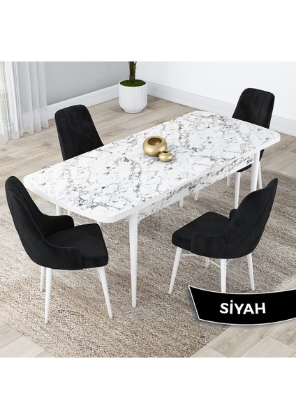 Concept Kar Serisi, 80X132 Açılabilir Mdf Mutfak Masa Takımı, Beyaz Mermer Desen Masa 4 Sandalye