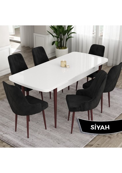 Concept Eta Serisi, 80X132 Mdf Açılabilir Masa Takımı, Beyaz Masa Kahve Ayak 6 Sandalye