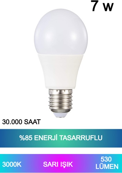 Sarı Işık LED Ampul 7W %85 Enerji Tasarruflu E27 Duy LED Ampul 220° Açılı 30.000 Saat Kullanım