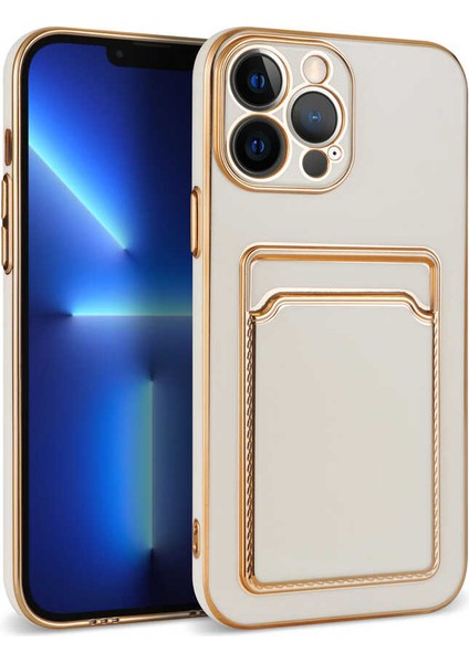 Apple iPhone 13 Pro Max Kılıf Kartlıklı Kenarları Gold Yüzeyi Pastel Renk Kapak Beyaz