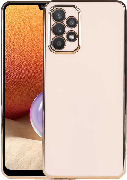 Samsung Galaxy A72 Kılıf Kenarları Gold Yüzeyi Pastel Renk Kamera Korumalı Kapak Rose Gold