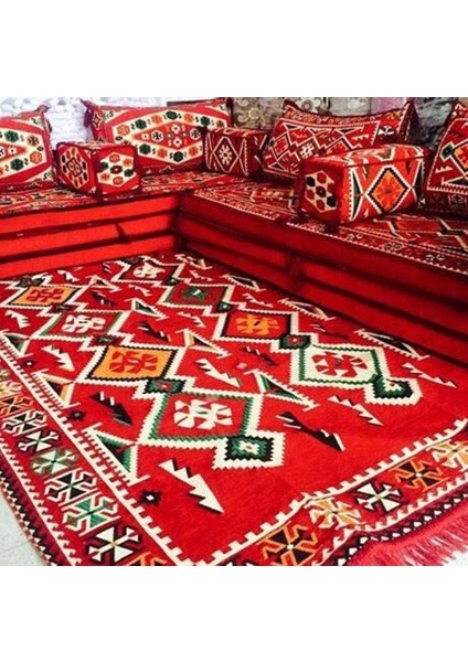 Şark Köşesi Anadolu & Yörük Desen 30cm Yüksekliğinde Minderli 200 x 300 cm Kilim Takımı Konsept Kırmızı 14 Parça