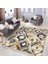 Lacivert - Bej Zeminde Ikat Motifli Vintage Desenli Geometrik Eskitme Motifli Dijital Baskılı Makinede Yıkanabilir Kaymaz Taban Saçaklı Halı 1