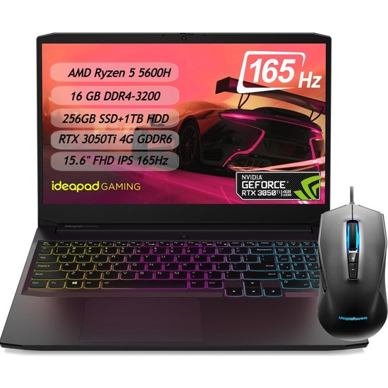 Lenovo IdeaPad Gaming 3 82K201XDTX AMD Ryzen 5 5600H 16GB 256GB SSD 1 TB HDD RTX 3050TI 4GD6 15.6" FHD IPS FreeDos Dizüstü Bilgisayar