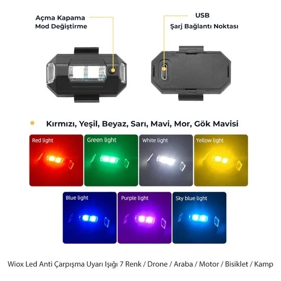 Bunyon 2 Ad. 7 Renk Araba Bisiklet Motosiklet Için Sinyal LED Çakar Drone Çakarlı Anti-Çarpışma Uyarı Işığı