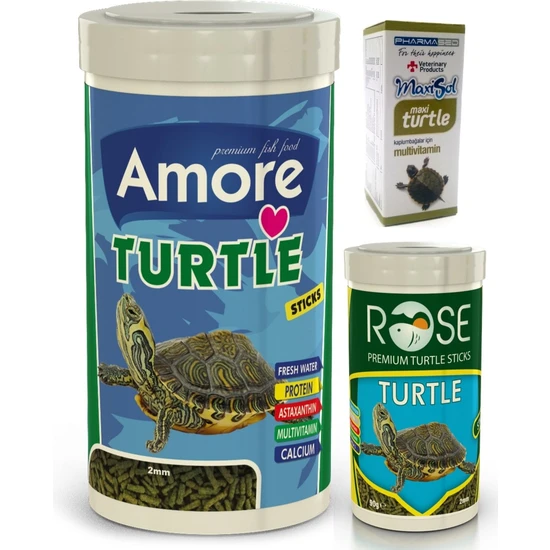 Amore Turtle Green Sticks 1000ML, Rose 250ML Su Kaplumbağası Yemi, Vitamin