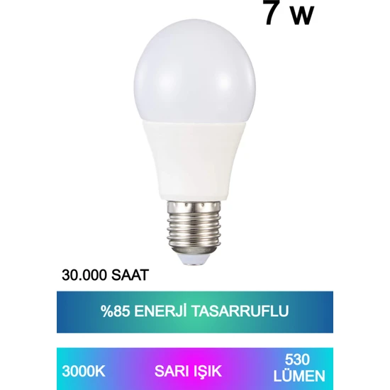 Ecuy Sarı Işık LED Ampul 7W %85 Enerji Tasarruflu E27 Duy LED Ampul 220° Açılı 30.000 Saat Kullanım