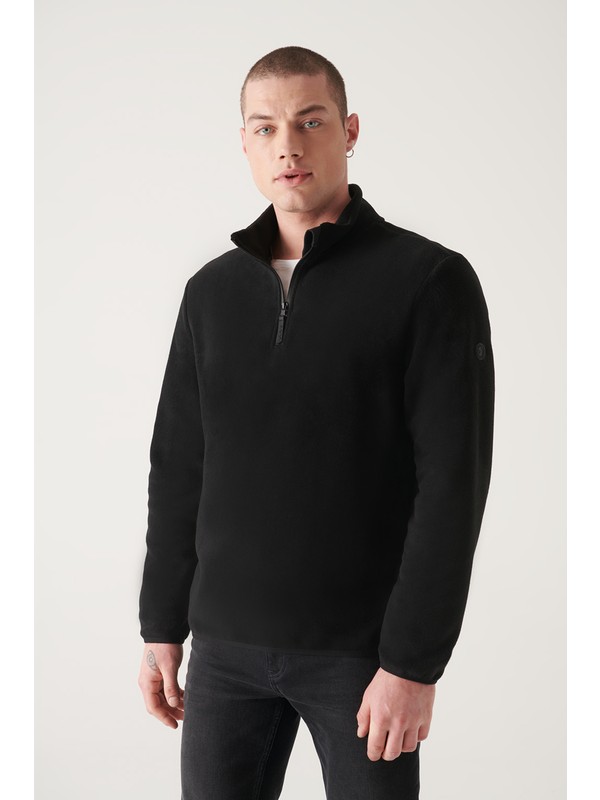 Avva Erkek Siyah Dik Yaka Basic Yarım Fermuarlı Polar Sweatshirt E001068
