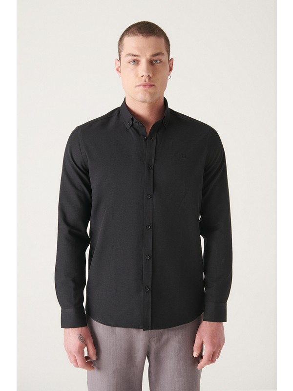 Avva Erkek Siyah Kolay Ütülenebilir Oxford Regular Fit Gömlek E002000