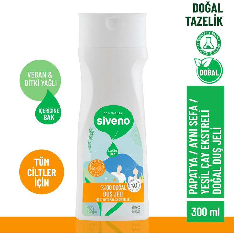 Siveno %100 Doğal Duş Jeli Sebum Dengeleyici Rahatlatıcı Aynısefa Papatya Yeşilçay Vegan 300 ml