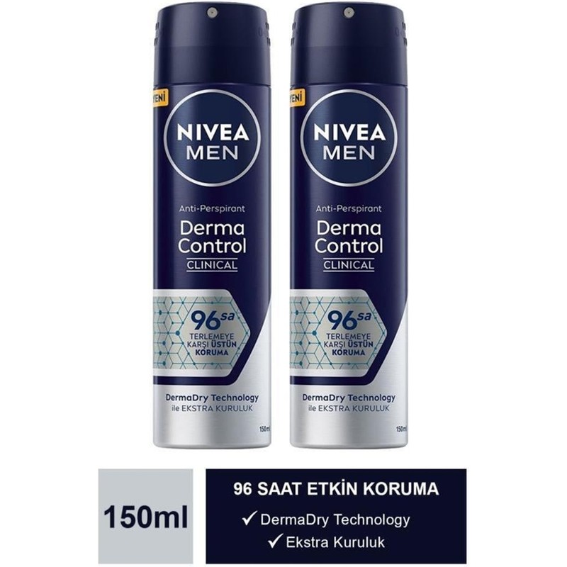 Nivea Men Derma Control Clinical Erkek Sprey Deodorant 150ml,96 Saat Üstün Koruma X2 Adet