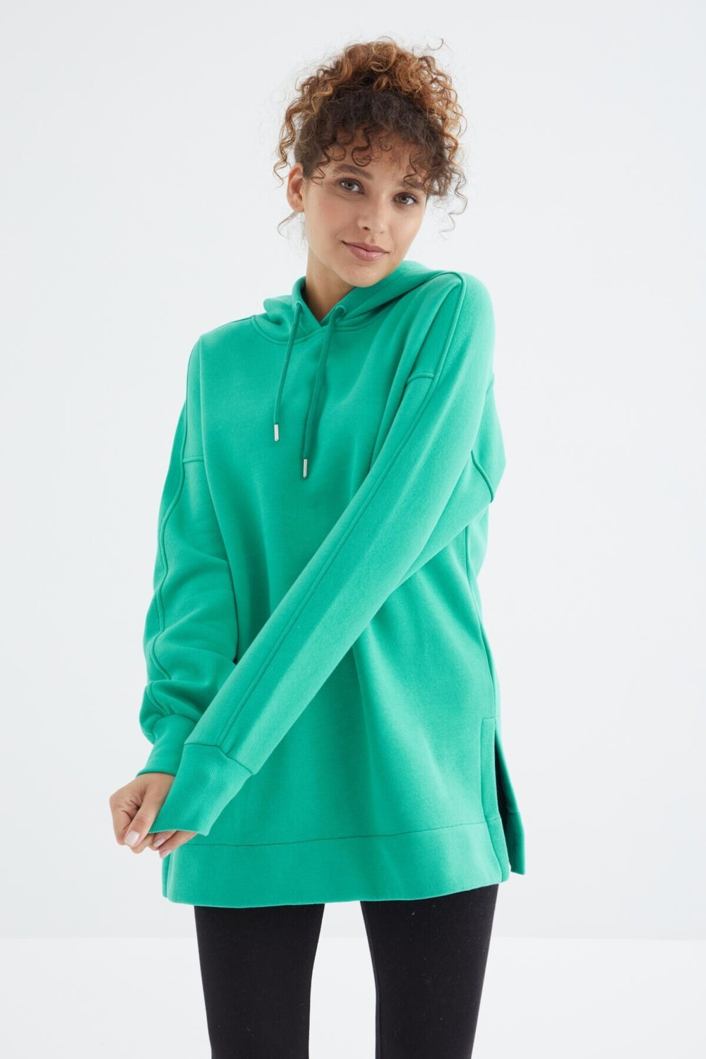 Tommy Life Ekru Reglan Kol Basic Kapüşonlu Oversize Sweatshirt Tunik - 97242