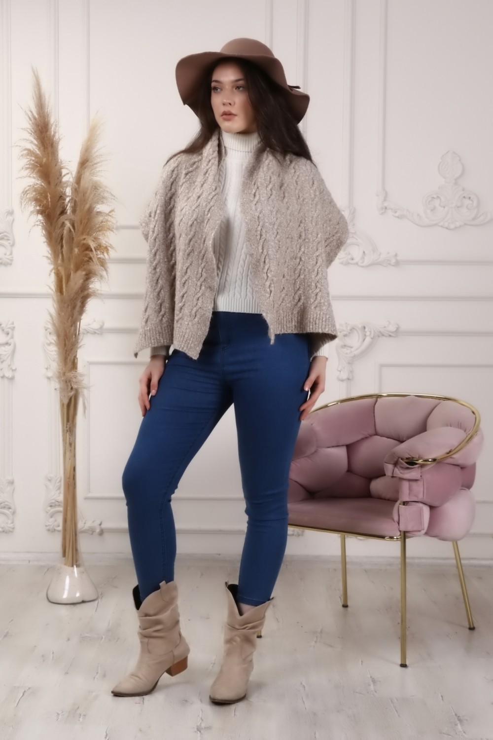 Marilavande Haki Pembe Saç Örgü Omuz Şalı