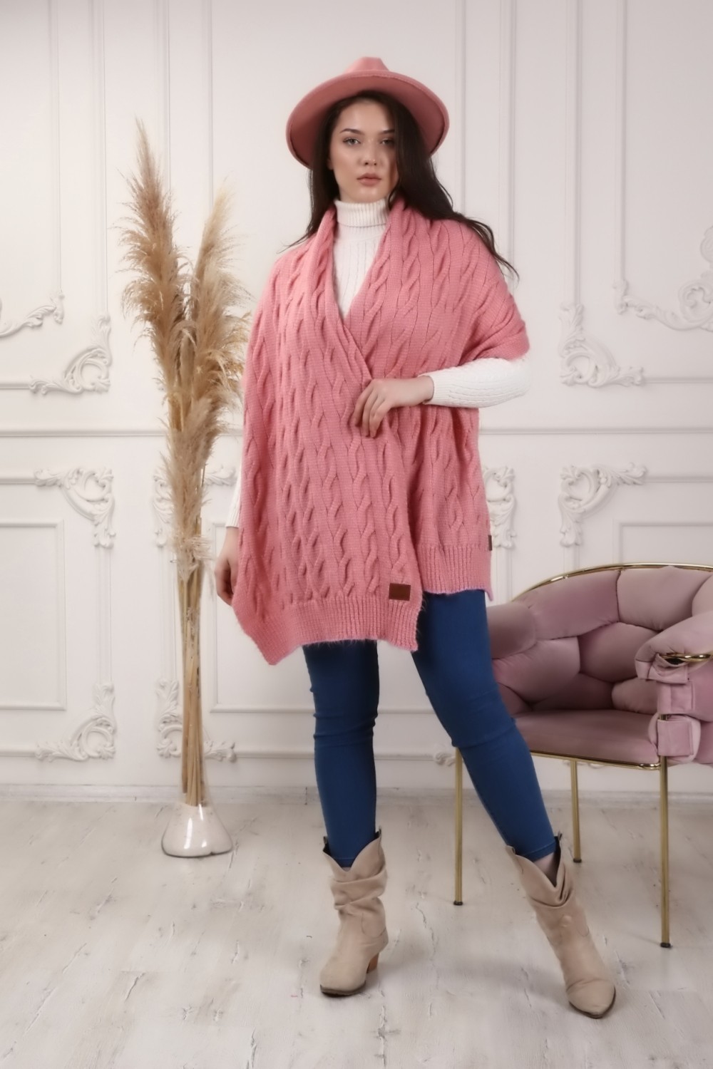 Marilavande Haki Pembe Saç Örgü Omuz Şalı görsel 6