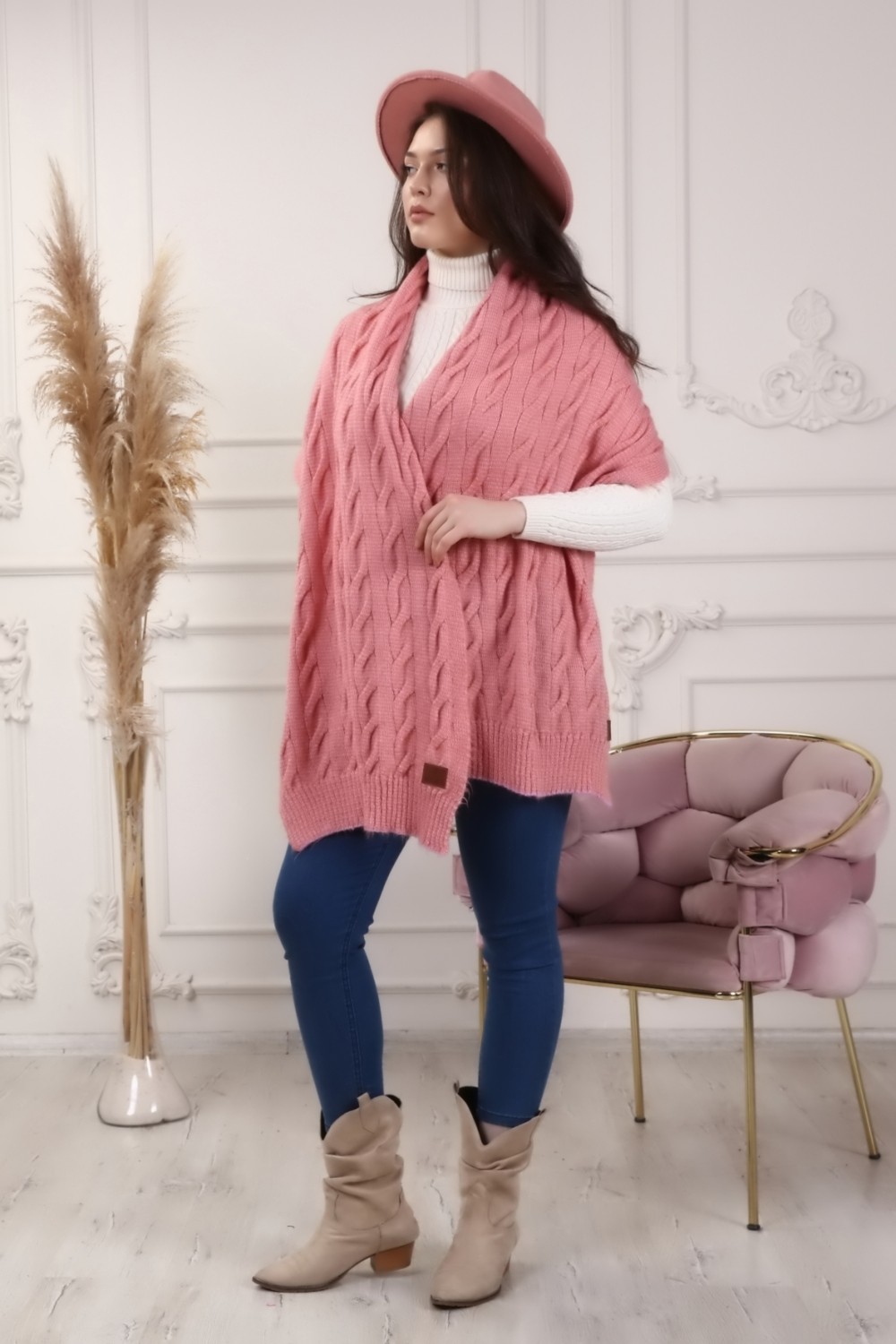 Marilavande Haki Pembe Saç Örgü Omuz Şalı görsel 7