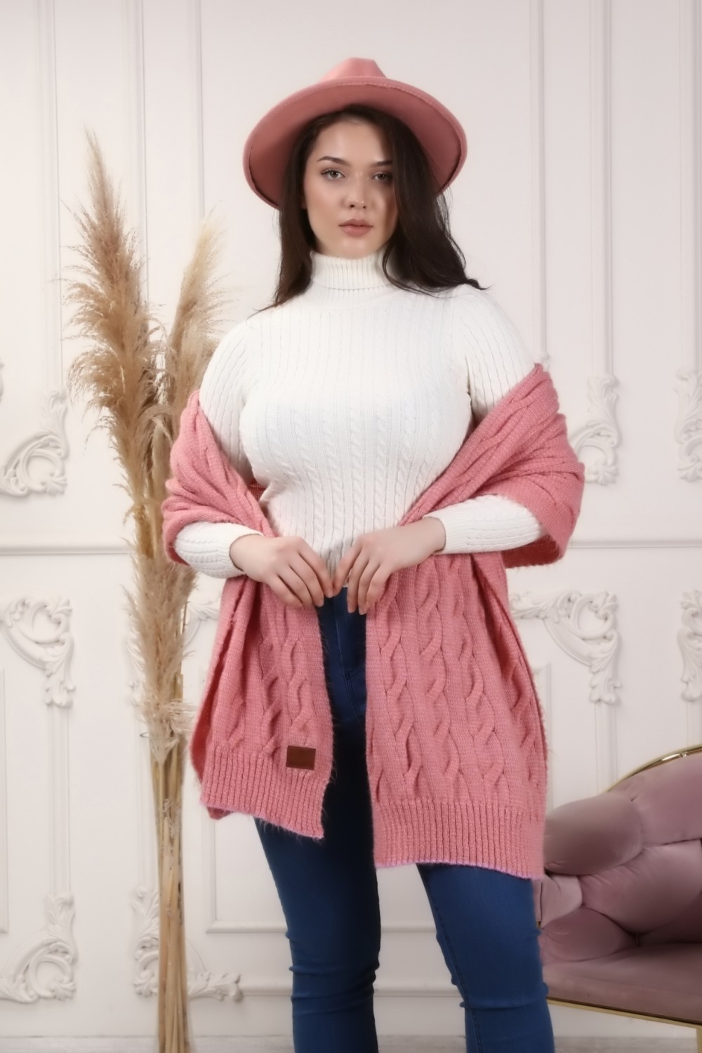 Marilavande Haki Pembe Saç Örgü Omuz Şalı görsel 8