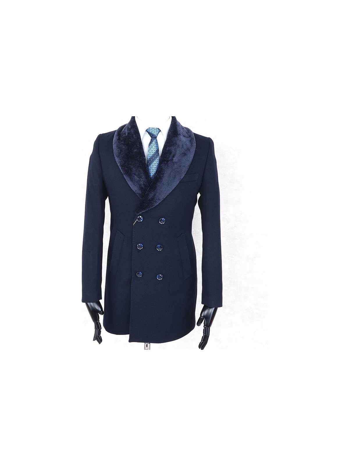 Jan Carlucci Jancarlucci Erkek Kruvaze Dar Kesim Lacivert Çıkarılabilir Kürk Yaka Detaylı Kaşe Kaban