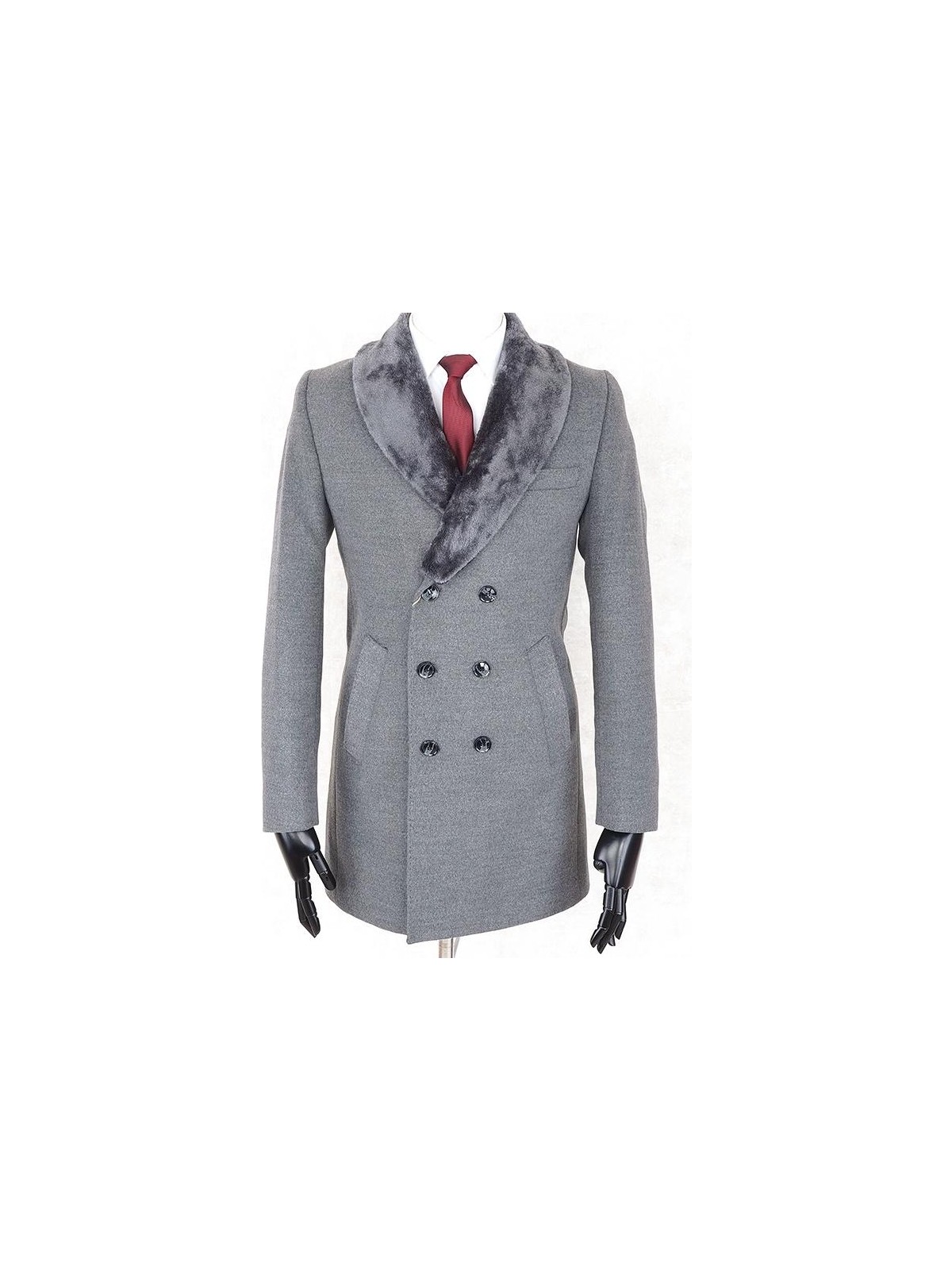 Jan Carlucci Jancarlucci Erkek Kruvaze Dar Kesim Gri Çıkarılabilir Kürk Yaka Detaylı Kaşe Kaban