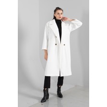Feminist Ekru Önden Düğmeli Leopar Astarlı Oversize Örme Kaşe Kaban 0108068.147