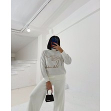 EDZ Beyaz Triko Pantalon Boğazlı Kazak Ikili Takım Kadın