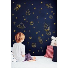 Lizpo Decor Uzay Roket Duvar Astronot Füze Duvar Sticker Bebek ve Çocuk Odası Dekoratif Duvar Çıkartma Gold