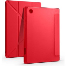 Case 4U Samsung Galaxy Tab A8 10.5 SM-X200 (2021) Uyumlu Kılıf Kalem Bölmeli Tri Folding Smart Standlı Pu Deri Arkası Yumuşak Silikon 360 Tam Koruma Kırmızı