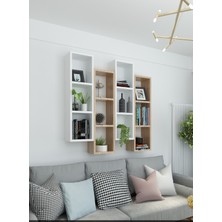 Dekormer Design Kitaplık Modern Duvar Rafı Meşe Beyaz 4'lü Takım