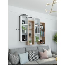 Dekormer Design Kitaplık Modern Duvar Rafı Meşe Beyaz 4'lü Takım