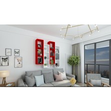 Dekormer Design Kitaplık Modern Duvar Rafı Kırmızı Beyaz 4'lü Takım