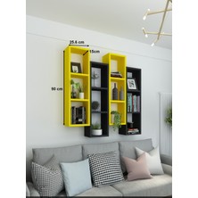 Dekormer Design Kitaplık Modern Duvar Rafı Sarı Siyah 4'lü Takım