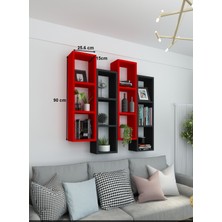 Dekormer Design Kitaplık Modern Duvar Rafı Kırmızı Siyah 4'lü Takım