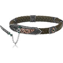 Rev Silver Deri Kordonlu 925 Ayar Gümüş Bileklik Hançer Detaylı Erkek Bilekliği