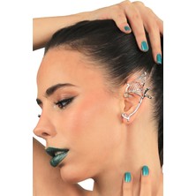 Labalaba Kadın Gümüş Renk Lak Kaplama Çivili Model Sol Kulak Ear Cuff Küpe
