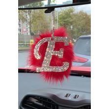 Swarovski Gümüş Taşlı Dikiz Ayna Kolye Süsü Kırmızı Tüylü E Harfi