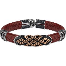 Rev Silver Deri Kordonlu 925 Ayar Gümüş Bileklik Baklava Dekoru