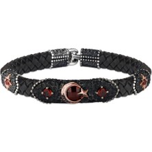 Rev Silver Deri Kordonlu 925 Ayar Gümüş Bileklik Ay Yıldız Zirkon Taşı Desenli