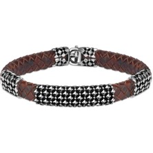 Rev Silver Deri Kordonlu 925 Ayar Gümüş Bileklik Petek Dekoru Erkek Bilekliği