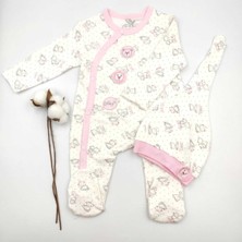 Bebek Star Şapkalı Patikli Ayıcık Desenli Pembe ve Krem İkili Kız Bebek Tulumu