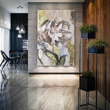 SML Tablo Altın Yaldızlı Beyaz Çiçekler Kanvas Tablo