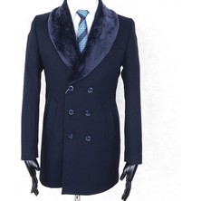 Jan Carlucci Jancarlucci  Erkek Kruvaze Dar Kesim Lacivert Çıkarılabilir  Kürk Yaka Detaylı  Kaşe Kaban