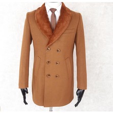 Jan Carlucci Jancarlucci  Erkek Kruvaze Dar Kesim Tarçın Çıkarılabilir  Kürk Yaka Detaylı  Kaşe Kaban