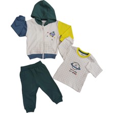 Aziz Bebe Uzay Desenli Bebek Alt Üst 3lü Hırkalı Takım 3-36 Ay Arası 003180