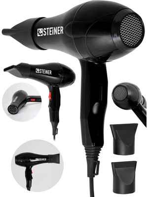 Steiner Alman 3600 Watt Profesyonel Saç Kurutma Makinesi Fön Makinesi Ac Motor MS-9001 Siyah + 2 Adet Başlık