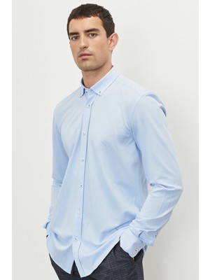 ALTINYILDIZ CLASSICS Erkek Açık Mavi Slim Fit Dar Kesim Oxford Düğmeli Yaka Pike Desenli Pamuklu Gömlek