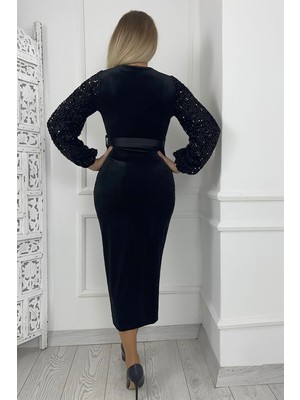 Ges Moda G0388 Payet Detaylı Kare Yaka Kadife Elbise Siyah