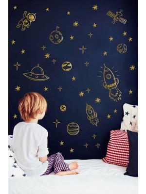 Lizpo Decor Uzay Roket Duvar Astronot Füze Duvar Sticker Bebek ve Çocuk Odası Dekoratif Duvar Çıkartma Gold