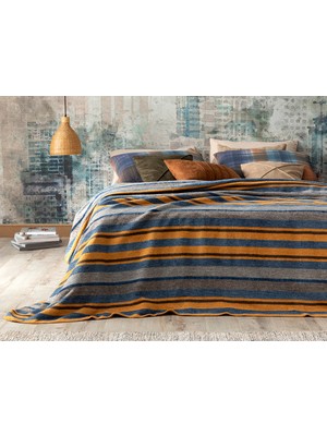 English Home Bold Stripe Pamuklu Tek Kişilik Battaniye 150 x 200 cm Hardal - Mavi