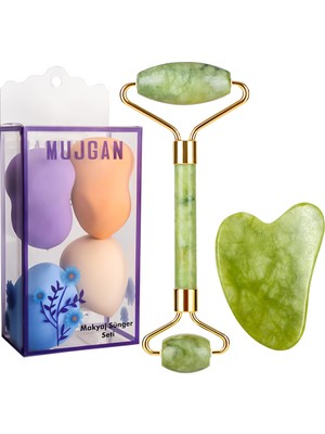 MUJGAN 4'lü Armut Sünger + 2'li Yeşim Yaşı + Gua Sha Masaj Taşı