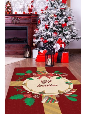 Homshtag Hediye Noktası Kırmızı Renkli Geometrik Yeni Yıl Parti Halısı Yılbaşı Temalı Hediyelik Halı